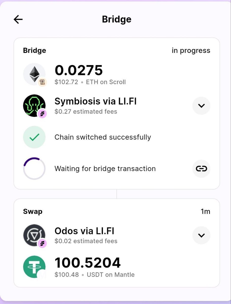 Klabauterino's tweet photo. @jumperapp I've tried to bridge 0.0275 ETH on Scroll to 100.52 USDT on Mantle. 

The transaction has been "in progress" for 12 hours now. 

Can you please help me to get my funds back or finalise the bridging procedure? https://t.co/5AEyFoSwnG
