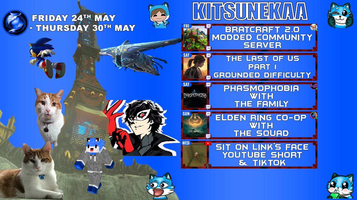 Kitsune_Kaa's tweet photo. New Week, Late Schedule 

Friday: Bratcraft Community Server
Saturday Afternoon: The Last of Us Part 1
Saturday Evening: Phasmophobia with @obsessivenight 
Sunday: Elden Ring with Elden Don @DejayTheDon 
Wednesday: Sit on Links Face YouTube Short/TikTok https://t.co/GrNK2K458S