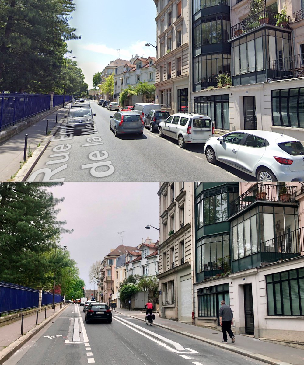 Avant / Après les pistes Rue Emile Deutsch de la Meurthe dans le 14ème arrondissement. Deux pistes ont été faites en prenant la place sur le stationnement sur une des voies.