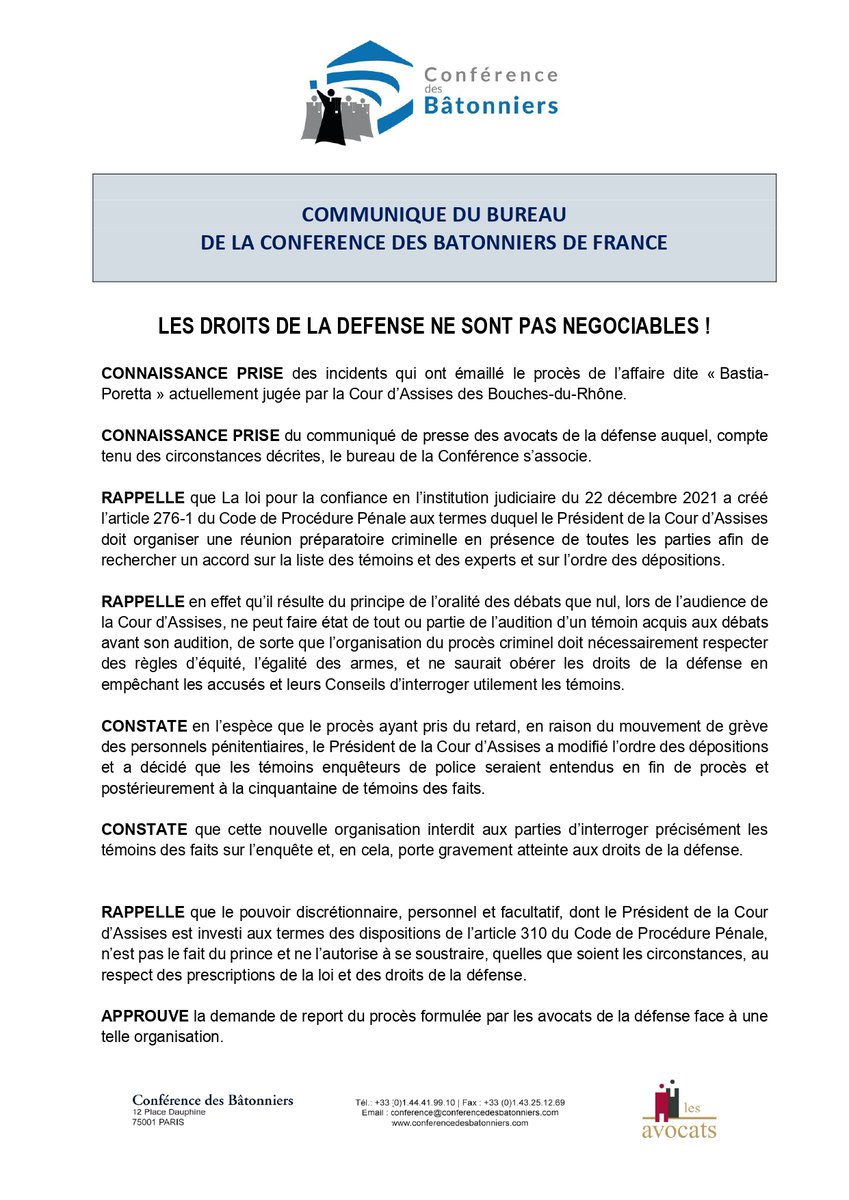 Conf_Batonniers's tweet photo. Assises d'Aix-en-Provence: les droits de la défense ne sont pas négociables! https://t.co/xTpmqD43nt