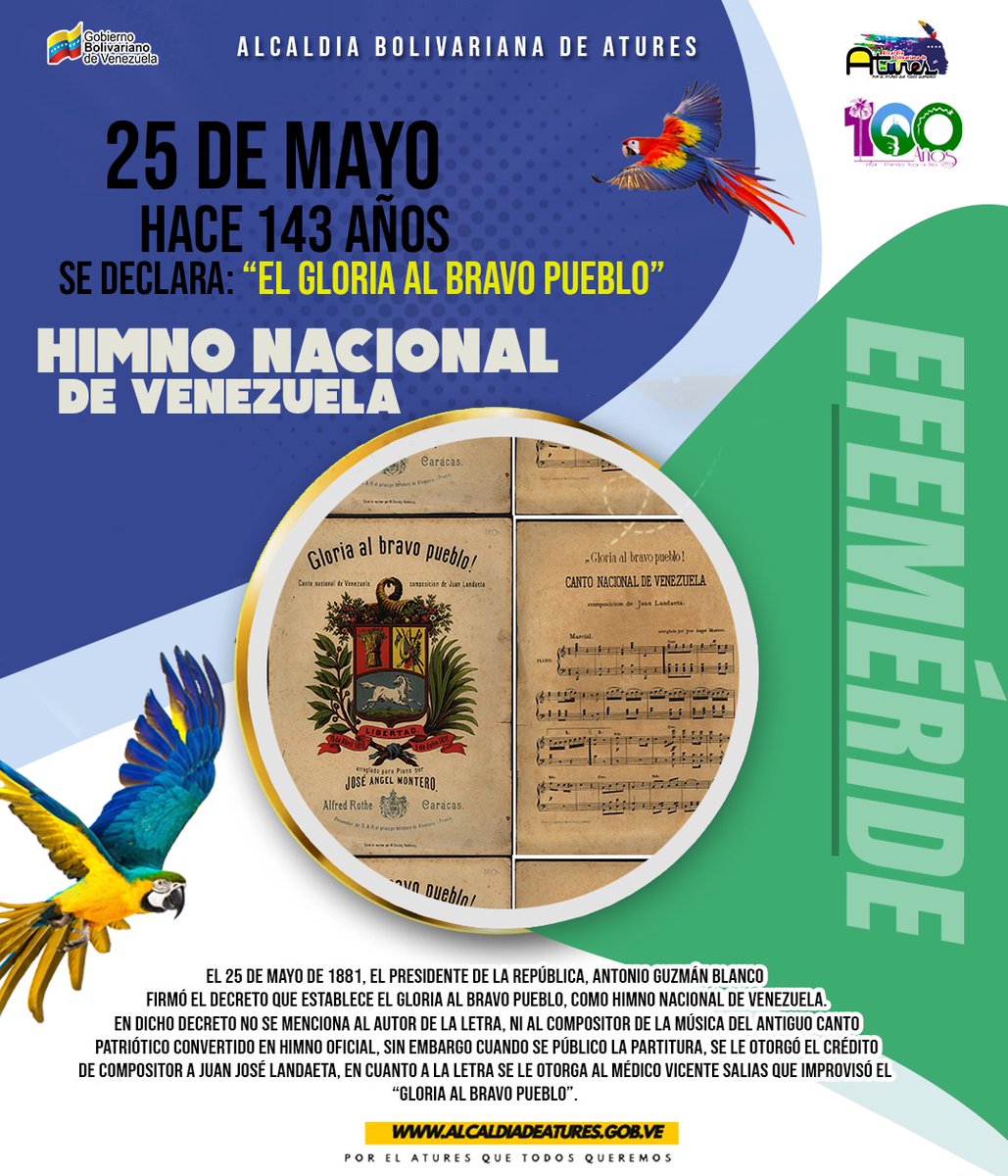 AturesAlcaldia's tweet photo. Efeméride
#25Mayo
Se declara el Gloria al Bravo Pueblo como Himno Nacional de Venezuela 
#RutaCentenaria https://t.co/ZIjaxRV8cs