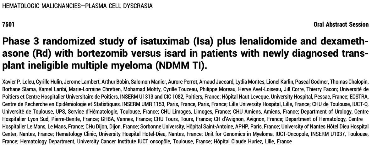 Rahul Banerjee, MD, FACP (@rahulbanerjeemd) on Twitter photo 1/ Huge thanks to <a href="/mtmdphd/">Mike Thompson, MD, PhD, FASCO</a> for keeping track of myeloma abstracts each year!
My top 10 #ASCO24 #MMsm abstracts:
Abstract #7501 (Leleu et al): IFM 2020-05.
Isa-VRd (1x wkly Velcade 👏) beat Isa-Rd in ASCT-ineligible MM.
Quads for all? (See next tweet)
meetings.asco.org/abstracts-pres… 1/ Huge thanks to <a href="/mtmdphd/">Mike Thompson, MD, PhD, FASCO</a> for keeping track of myeloma abstracts each year!
My top 10 #ASCO24 #MMsm abstracts:
Abstract #7501 (Leleu et al): IFM 2020-05.
Isa-VRd (1x wkly Velcade 👏) beat Isa-Rd in ASCT-ineligible MM.
Quads for all? (See next tweet)
meetings.asco.org/abstracts-pres…