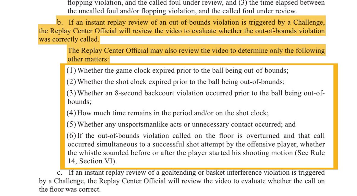 Below is the ‘23-‘24 WNBA rule (🔴), and corresponding ‘23-‘24 NBA rule (🟡), for reviewable matters during instant replay review of an OoB violation, triggered by a Challenge. It seems the most logical next step is for the NBA to add the WNBA’s #7 to their corresponding rule. If