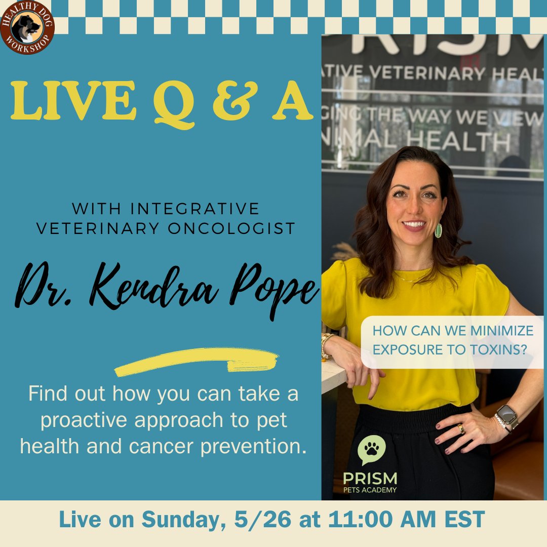 We'll be live with the amazing Dr. Pope on 5/26 at 11 AM E! Join us for cancer prevention tips, and find out how you can take a deep dive into proactive pet health. Her Pet Cancer Prevention course launches June 3rd - don't miss your chance to be part of it.