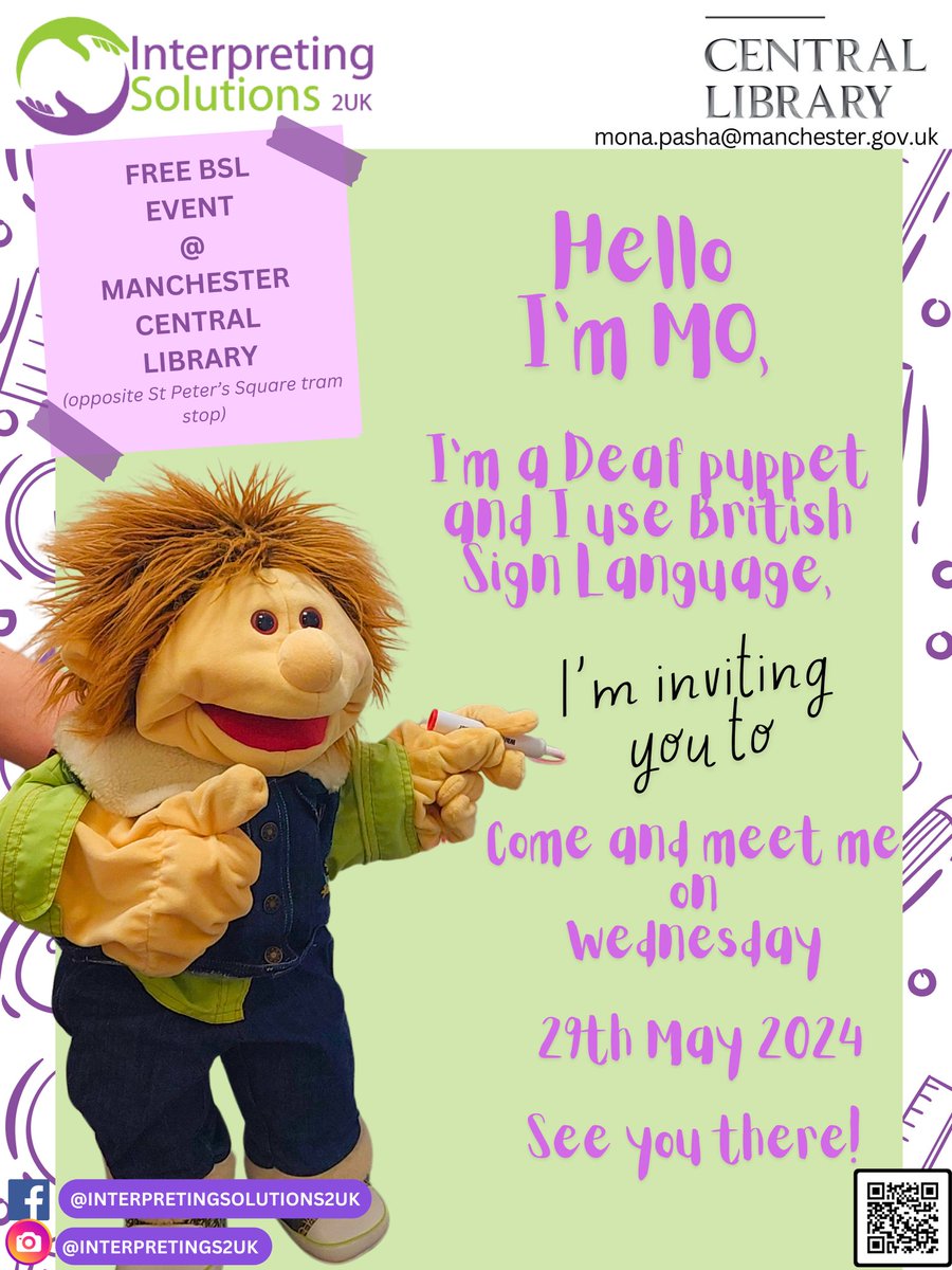 Learn British Sign Language with Mo the puppet! Join free #BSL sessions for children and families on Wednesday 29 May at Manchester Central Library.