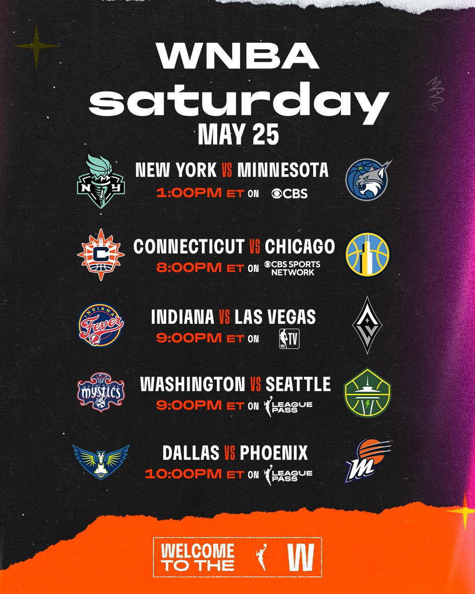 WNBA's tweet photo. What’s better than a Saturday packed full of hoops 🤭
Actions starts at 1pm/ET on CBS, and continues again at 8pm/ET on @CBSSportsNet!
#WelcometotheW https://t.co/CbB5YCIWvk