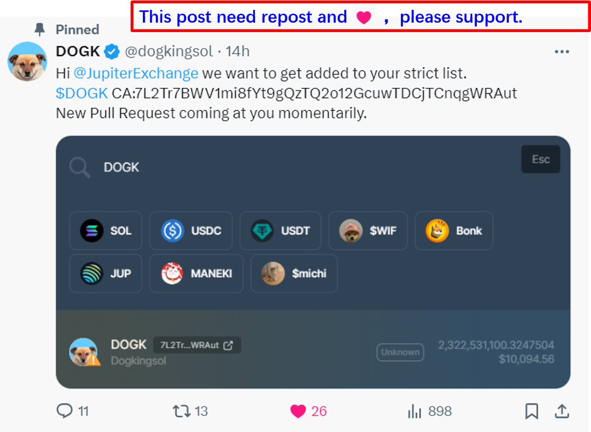 $DOGK. 
Airdrop for followers ，drop your Solana address.
End date: May 31
It’s good to reply with your address in this post so that we can keep statistics.
BTW, the pinned post need your support. Repost and ♥,Thanks.