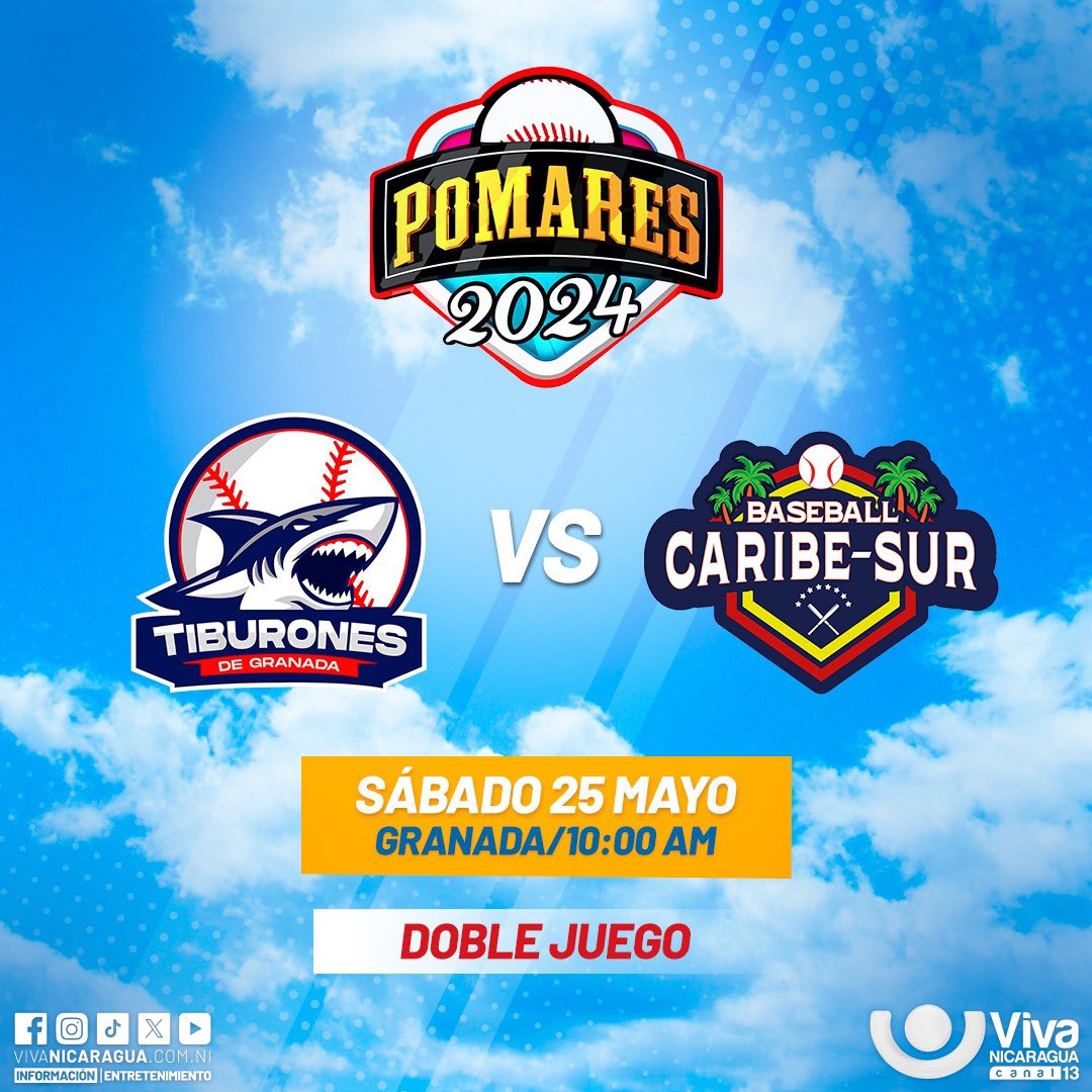 VivaNicaragua13's tweet photo. Hoy continúa la emoción del #PomaresxCanal13, en esta ocasión Tiburones de Granada se enfrentan a los Caribe Sur ⚾️ 🏟️
🥳 Apoya a tu equipo favorito 🙌🏻 #Deportes13 #deportes #basseball https://t.co/Y7vg5EV8ok