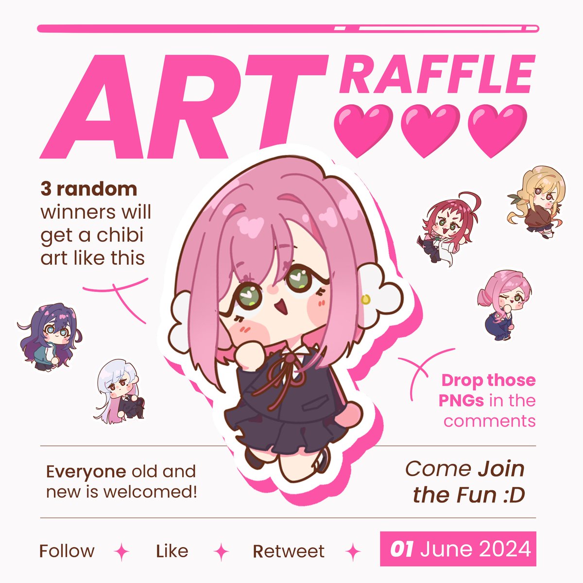 ART RAFFLE TIME(⁠꒪⁠꒳⁠꒪⁠)🩵

I wanna test out my chibi style sooo help me by joining the raffle!!

How to join: 
 ☝️Follow
 ✌️Like &amp; RT 
 🤟Comment the character u want

Close on June 1st🩵
3 winners will be chosen randomly🎲🎲