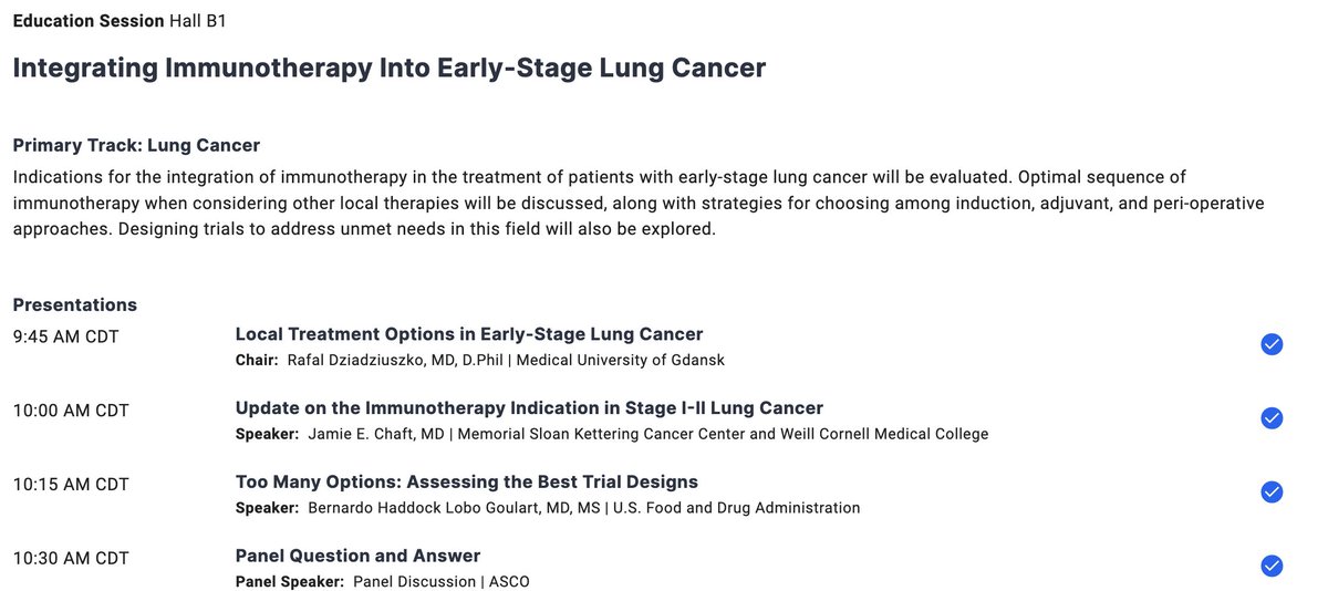 #ASCO24 - While we peruse abstracts, take the time to bookmark education sessions
🔖 'Integrating Immunotherapy Into Early-Stage Lung Cancer'
📍Jun 2, Hall B1, 945 CDT
Drs. Jamie Chaft, Goulart, Dziadziuszko @ASCO #LCSM