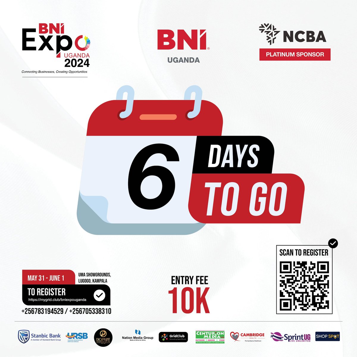 Counting days to the #BNIExpo2024 happening from May 31st to June 1st at UMA Showgrounds, Lugogo. An opportunity to network with business leaders and move yours to the next level.