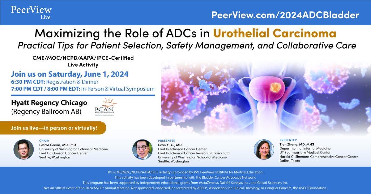 Get practical guidance on using ADCs in individualized care of patients with #BladderCancer in an event featuring @PGrivasMDPhD, @TiansterZhang, & Evan Y. Yu, MD. Produced with our partner @BladderCancerUS. 6/1 at 6:30 PM CDT: bit.ly/2024ADCBladderT #ASCO24 #MedEd