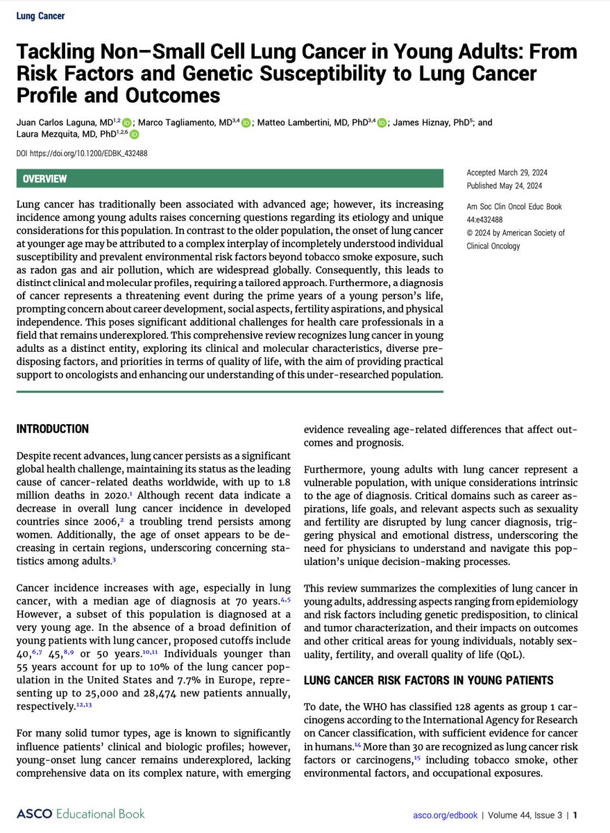 Excited to share our chapter of @ASCO educational book on risk factors, genetic susceptibility & #survivorship issues in young adults with #NSCLC: great leadership by super @LauraMezquitaMD @OncoAlert #ASCO24 #LCSM #SurvOnc #oncofertility @ASCOPost Link: ascopubs.org/doi/pdf/10.120…