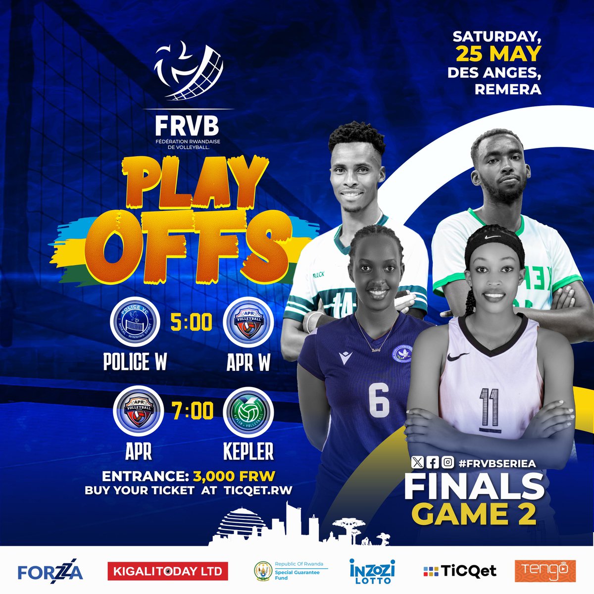 🚨Will Police WVC🔵 and KEPLER VC🟢 be crowned 2024 champions, or will APR Volleyball Clubs⚫️ make a comeback and push us to a third game? 📌Des Angel (Remera) Here we goo #FRVBPlayoffs2024 Get your tickets at ticqet.rw #RwandaVolleyball