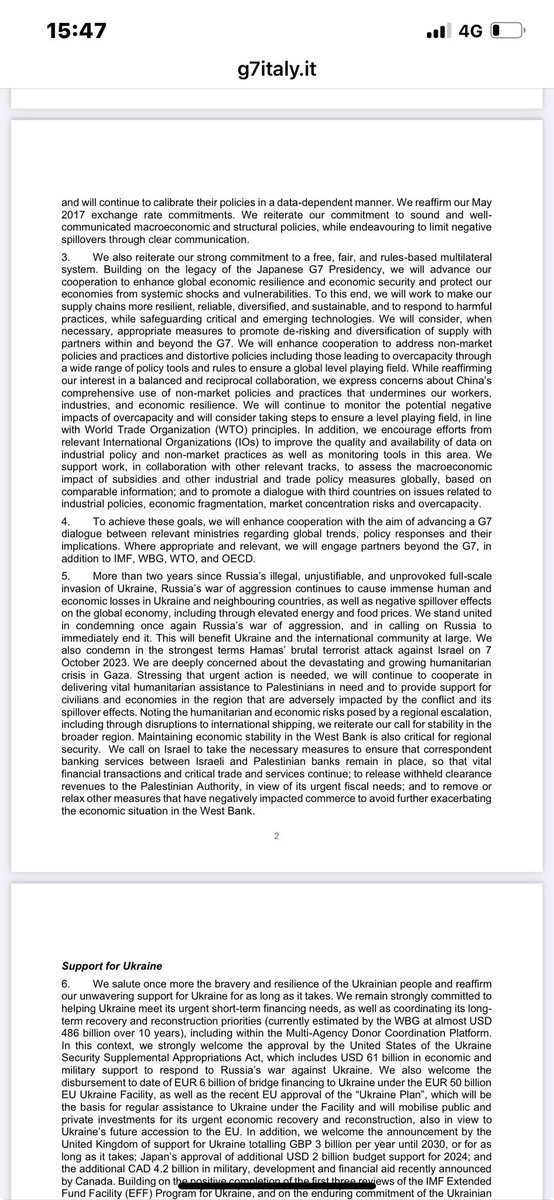 Nel comunicato finale del #G7 delle Finanze, l’impegno a contrastare le distorsioni dell’overcapacity cinese e le pratiche commerciali dannose. Tra Europa e Usa accordo sulla necessità di coordinare le risposte ed evitare esclation e guerre commerciali. Alle 19.40 il nostro