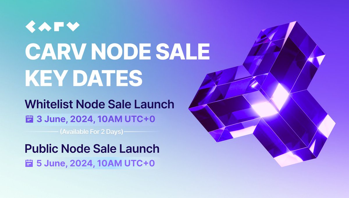 Mark your calendars. Our Node Sale is approaching.

Be sure to check the FAQ for all the details and get ready to join us in building a secure and #decentralized user-owned internet.

👉 CARV Node Sale FAQ: docs.carv.io/carv-protocol/…

#CARVNode