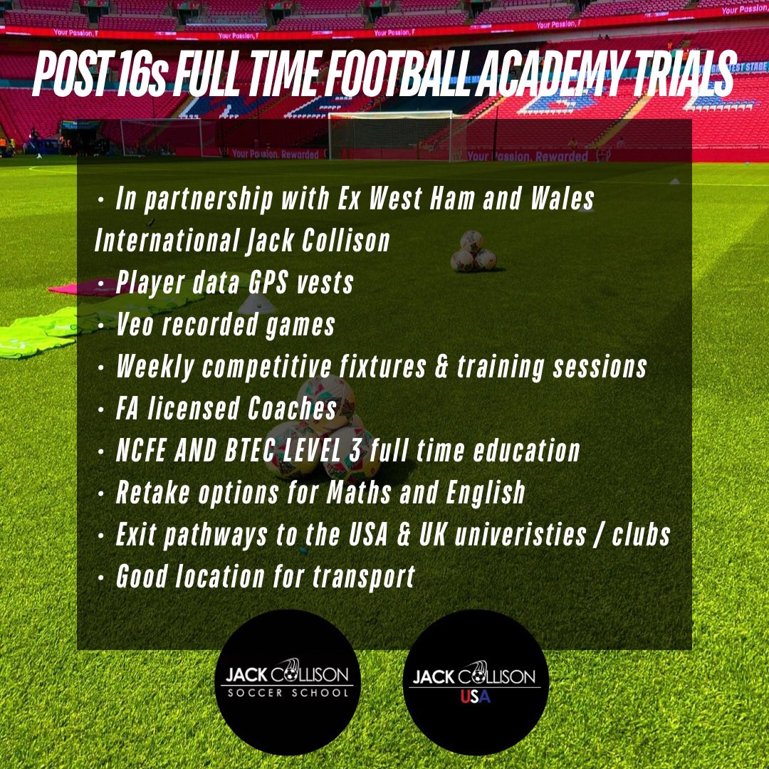 We are pleased to announce our partnership with Jack Collison for our Post 16’s full time football academy. 

🚨 TALENT ID DAY - ESSEX &amp; LONDON 🚨

WHEN: Friday 31st May
WHERE: Noak Hill Essex
TIME: 3:30pm Registration