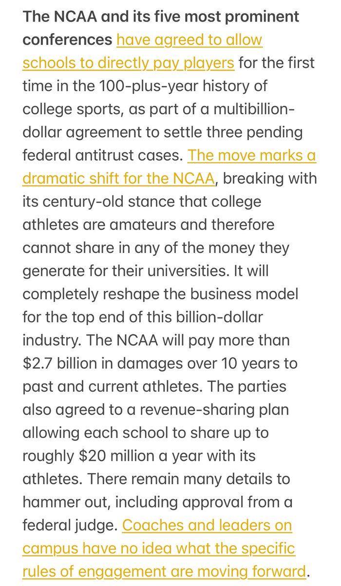 Second of two items from weekend “News Items” (news-items.com/subscribe) which raises the immediate question: If athletes are now university employees, are they also state employees if a state university? Pension benefits accruing? The salaries and benefits will be public, yes?