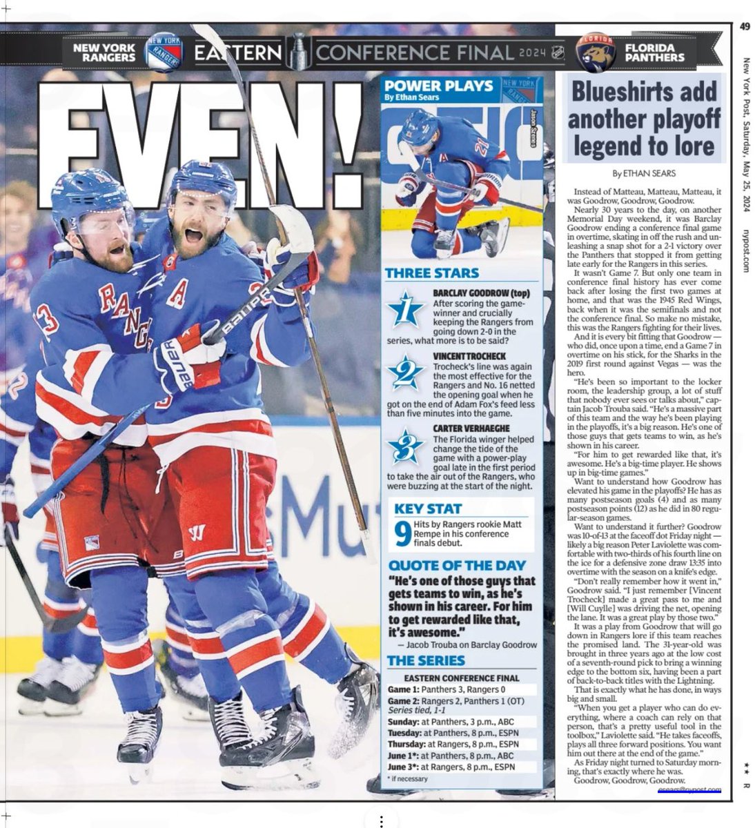 The 5-page spread inside ahead of team travel day before 5:15pm availability:

Blueshirts square ECF series at one win a piece as it heads to Florida ➡️ bit.ly/44TTMrz
Goodrow, Goodrow, Goodrow ➡️ bit.ly/3Vdmkcl