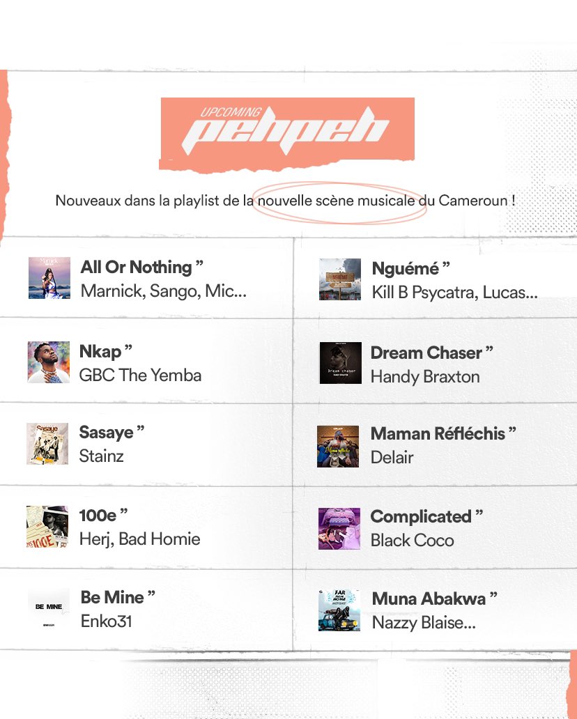 Du nouveau dans #UpcomingPehpeh!

Cette semaine, <a href="/MarnickOfficial/">Marnick Official</a> est en cover de la playlist du meilleur de la nouvelle scène musicale au Cameroun sur Audiomack et Spotify via ➡️ linktr.ee/playhotkoki

Découvrez-y également les nouveaux titres de cette semaine !

#AO #HotKoki