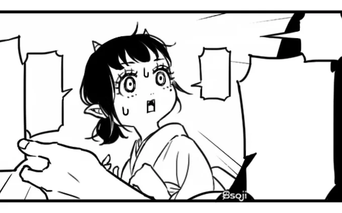 問い詰められるマキちゃんの図(とても途中)
描くの久しぶり過ぎて「うわ〜マキちゃんのツノ小さくて可愛いね〜〜可愛いのが付いてるね〜〜☺️」って新鮮な気持ちで愛でてる。 