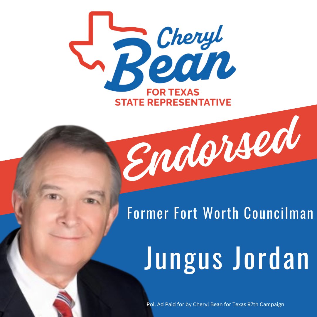 Thank You, Jungus Jordan, for endorsing my campaign. @JungusFortWorth, I appreciate your support as I face a run-off election. I am Cheryl Bean, and I stand for #Texas97th #txlege #MakeTheTexasHouseRepublicanAgain #securetheborder   #SendCherylToTheCapitol #HD97RunOff