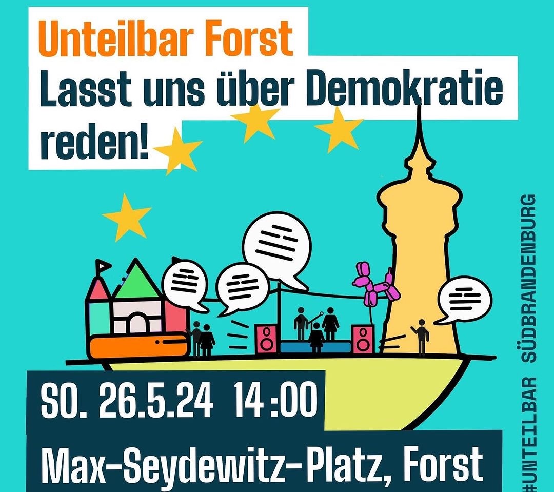 #SaveTheDate #Forst 26.05.24  14:00 Uhr

Demokratienachmittag

Motto: Lasst uns über Demokratie reden

Forst, Max-Seydewitz-Platz

#WirSindDieBrandmauer #NieWiederIstJetzt #LautGegenRechts #SeiEinMensch #NoAfD