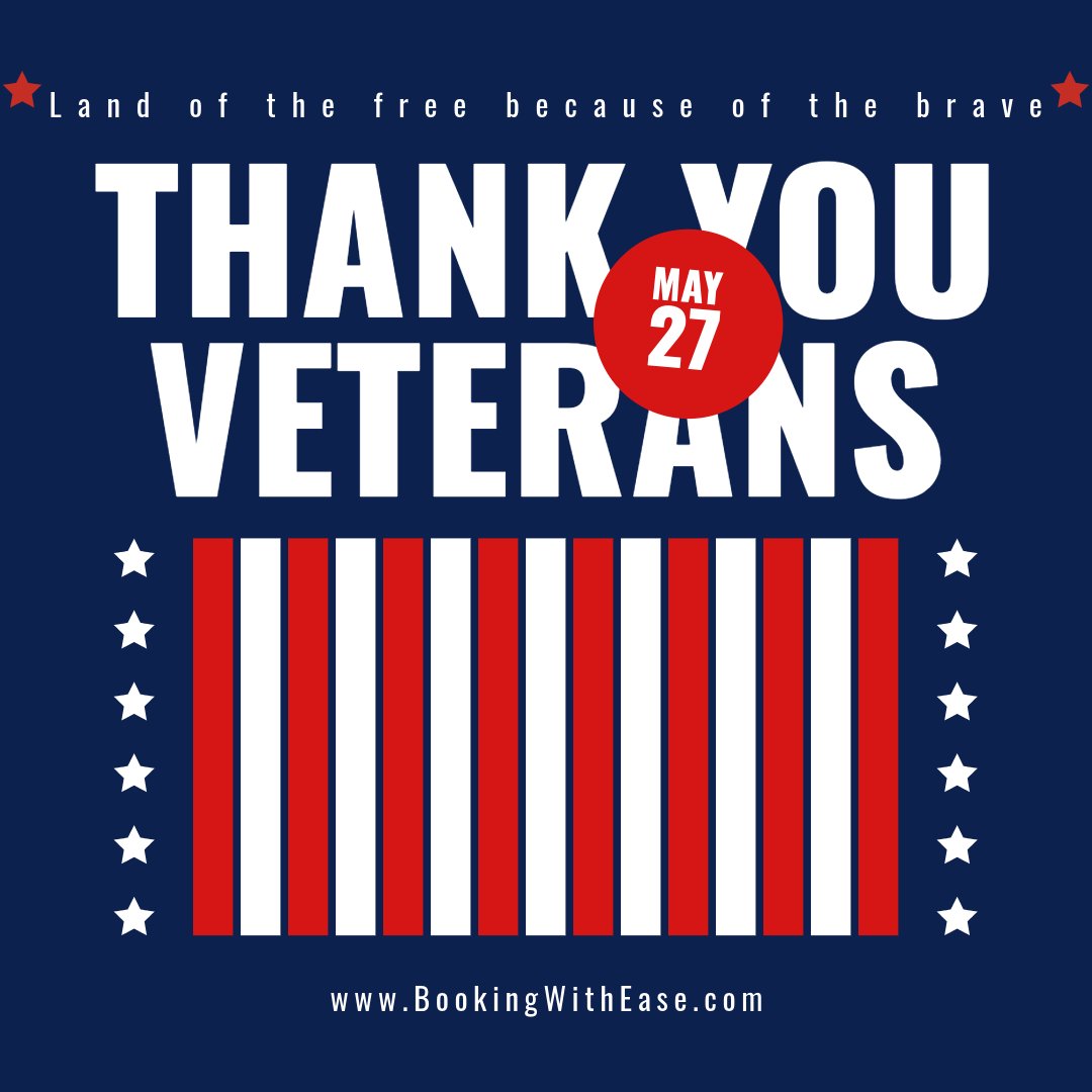 bookingwithease's tweet photo. We at BookingWithEase powered by TripAngle thank you Veterans for everything you have done. 

God bless you, and God bless America #TripAngle #BookingWithEase 
#MemorialDay #Veterans #America #landofthefree #landofthebrave https://t.co/FmFx4C6y0Y