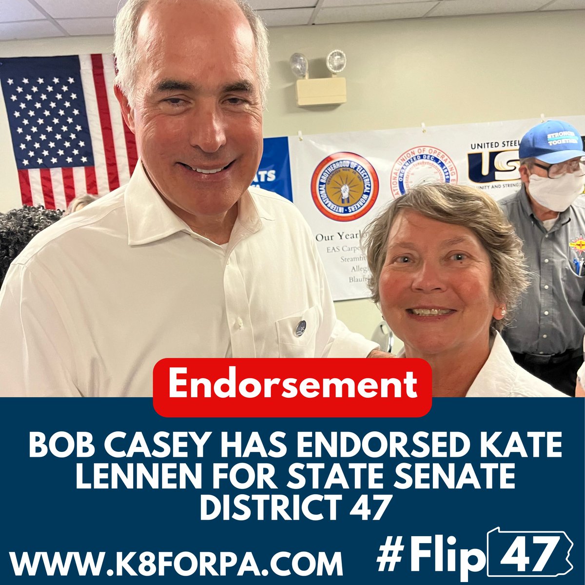 kateforpa's tweet photo. Candidate Lennen is pleased to announce that the campaign has been endorsed by Senator Bob Casey! Democrats in Pennsylvania are working together to deliver. #flip47 https://t.co/PRdviT9baE