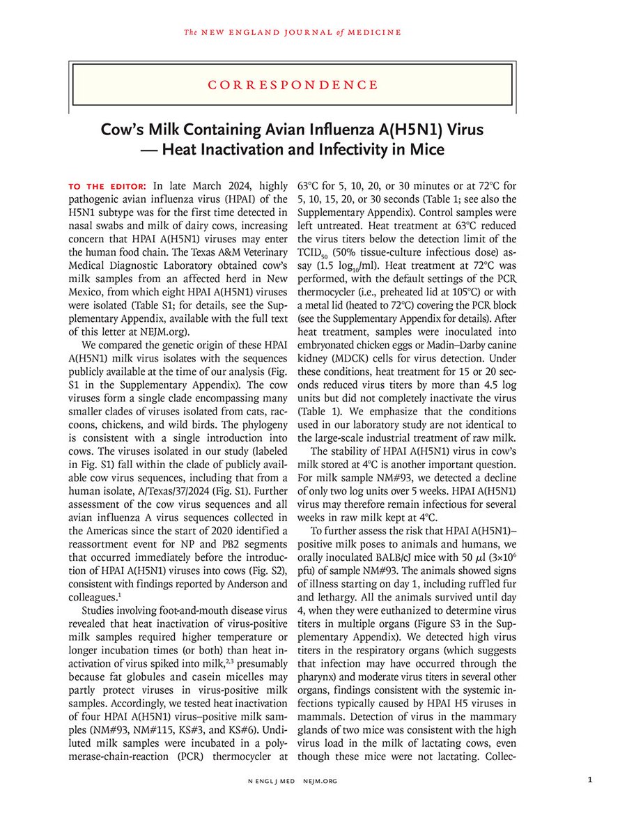 Correspondence: Cow’s Milk Containing Avian Influenza A(H5N1) — Heat Inactivation and Infectivity in Mice nej.md/3VeD027 #InfectiousDisease