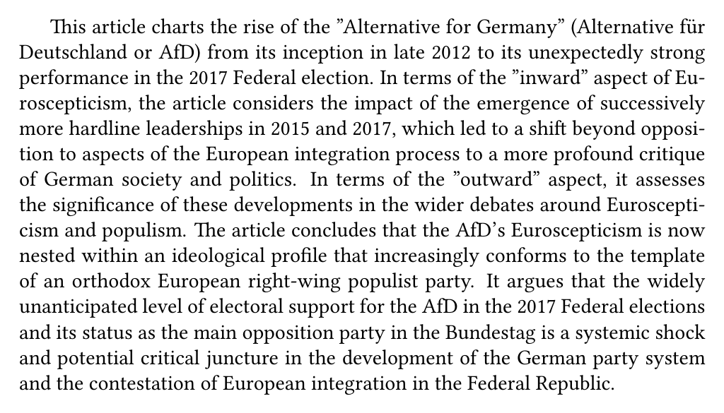 euroscepticism and the #RadicalRight C. Lees. “The `Alternative for Germany': The Rise of Right-Wing Populism at the Heart of Europe”. In: Politics 38 (3 2018), pp. 295-310. dx.doi.org/10.1177/026339….