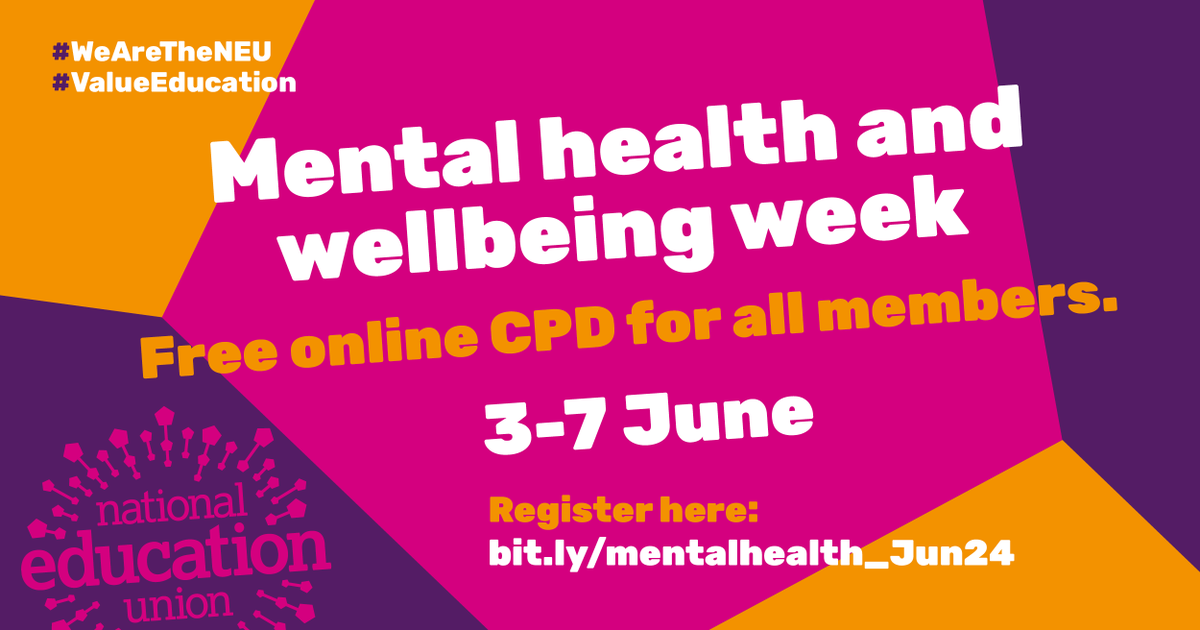 📢Mental health & wellbeing week - @NEU_CPD for all members. 📅3-7 June Sessions on: • An introduction to trauma and mental health informed schools. • Young people & feelings of anxiety. ✍️Register here👉 nationaleducationunion.foleon.com/cpd/mental-hea… Sign up to access recordings for sessions.