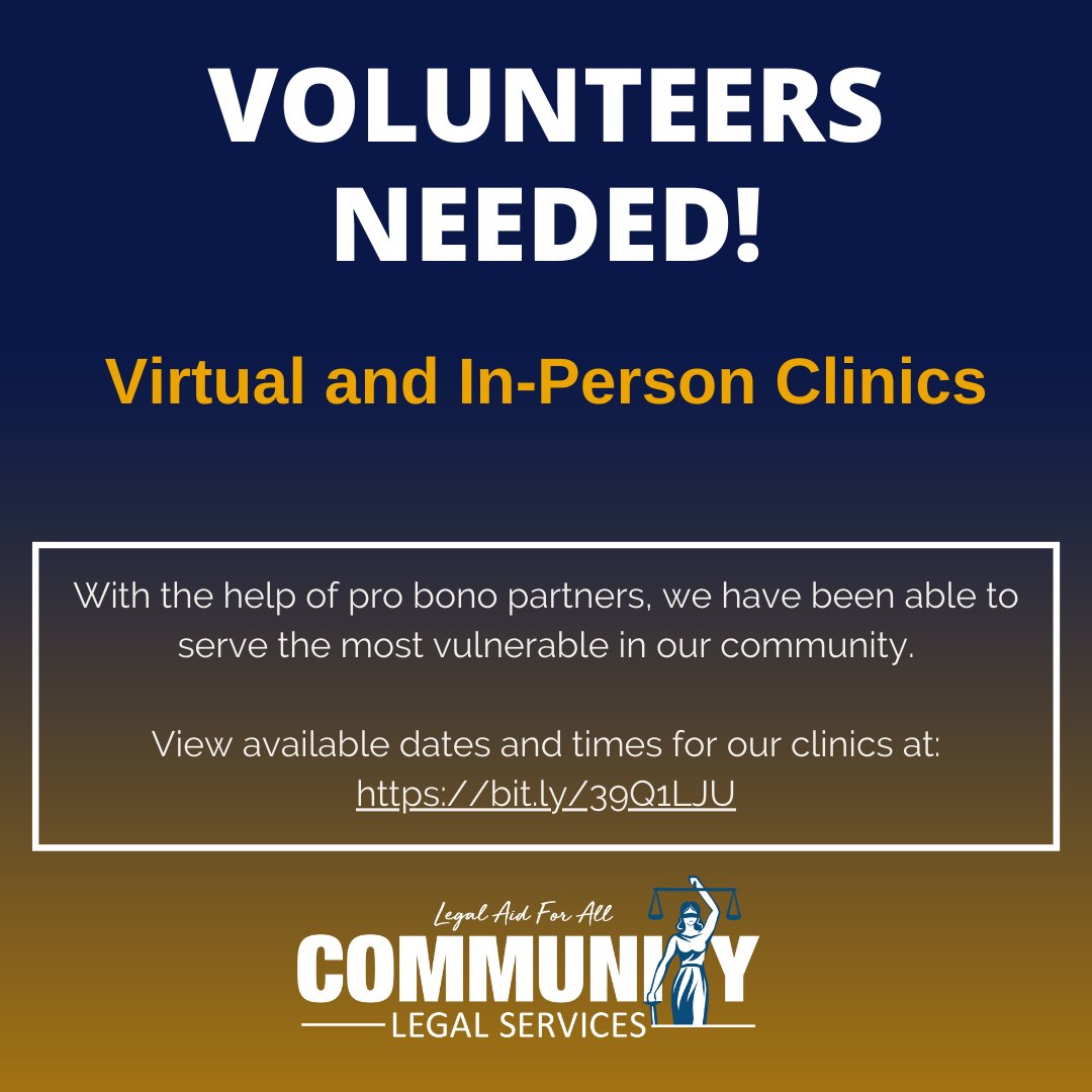 clsmf's tweet image. With the help of pro bono volunteers, we have been able to serve the most vulnerable in our community.
We need volunteers for our clinics!
bit.ly/39Q1LJU 

#VirtualClinics #ProBono #LegalAid