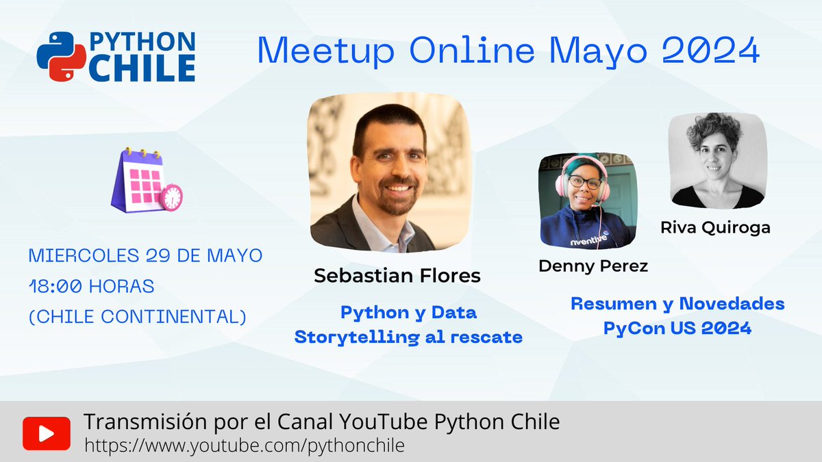 📢¡Hola Comunidad!🐍

Les invitamos a nuestro Meetup de Mayo donde tendremos 2 charlas a cargo de nuestros invitados:

🧑‍💻 Sebastián Flores
👩‍💻 Denny Perez
👩‍💻 Riva Quiroga

🗓️Miércoles 29 de Mayo
⏰18:00 Hr Chile

Enlace al Meetup👇
meetup.com/pythonchiledev…

#Python