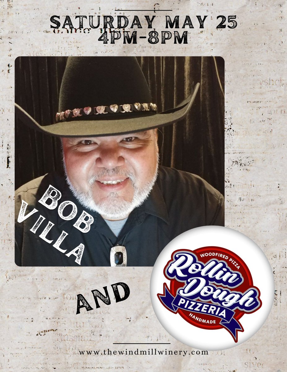 Windmill_Winery's tweet photo. It's Bob Villa time!  Get on out here for some great tunes and some ah-maa-zing pizza from Rollin Dough Pizzeria.  🍕🍕🍕 https://t.co/sLXpPchsui