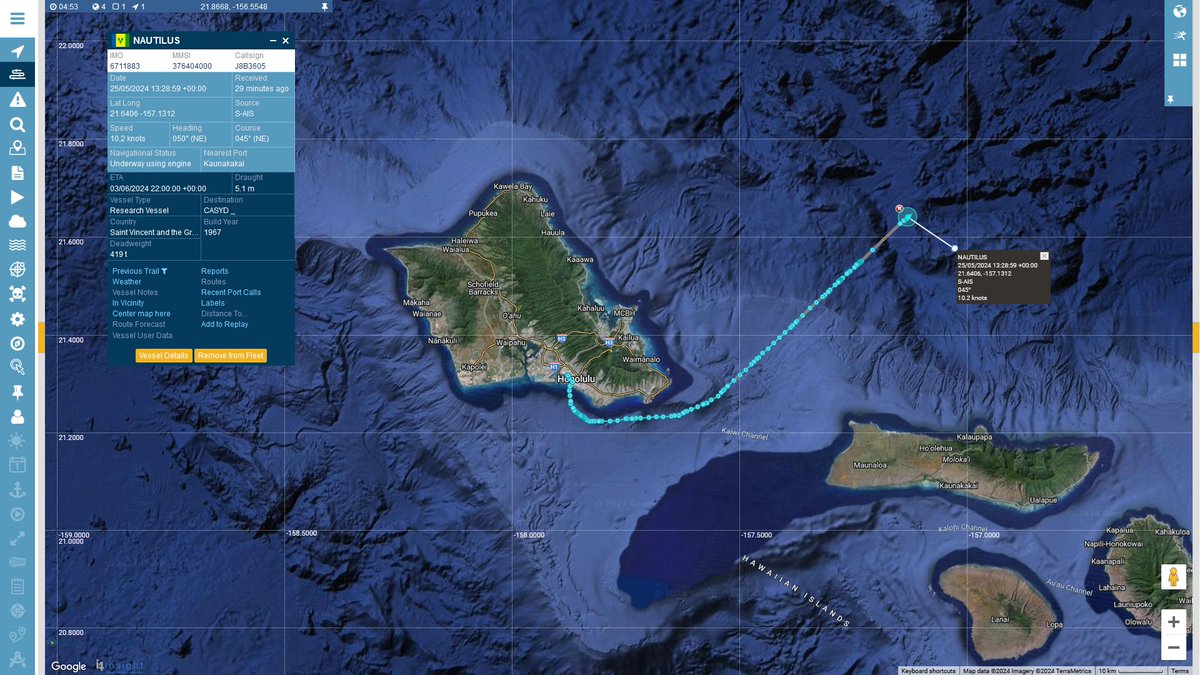 #EVNautilus Nautilus has departed Honolulu and is headed northeast. #vesseltracking by @BigOceanData