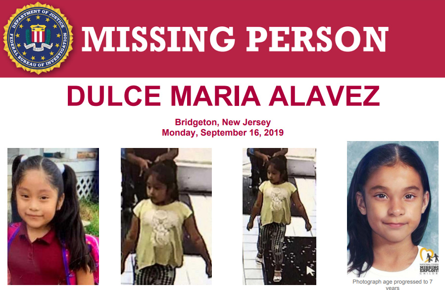 The #FBI is offering a reward of up to $5,000 for information that leads to the whereabouts of Dulce Maria Alavez, last seen on September 16, 2019, while playing at the Bridgeton City Park behind Bridgeton High School in Bridgeton, New Jersey: fbi.gov/wanted/kidnap/…