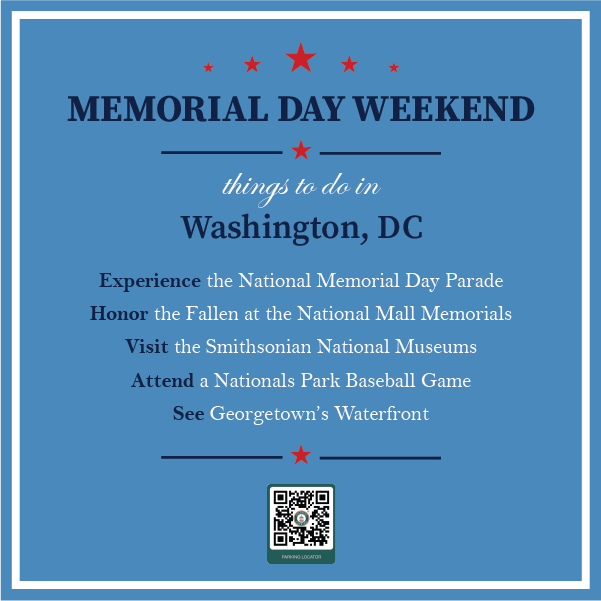 We've got a spot with your name on it! Reserve your holiday weekend parking using the qr code or at ecolonial. #colonialparking #memorialdayweekend #avc #districtofcolumbia #DCevents #visitwashingtondc #nps