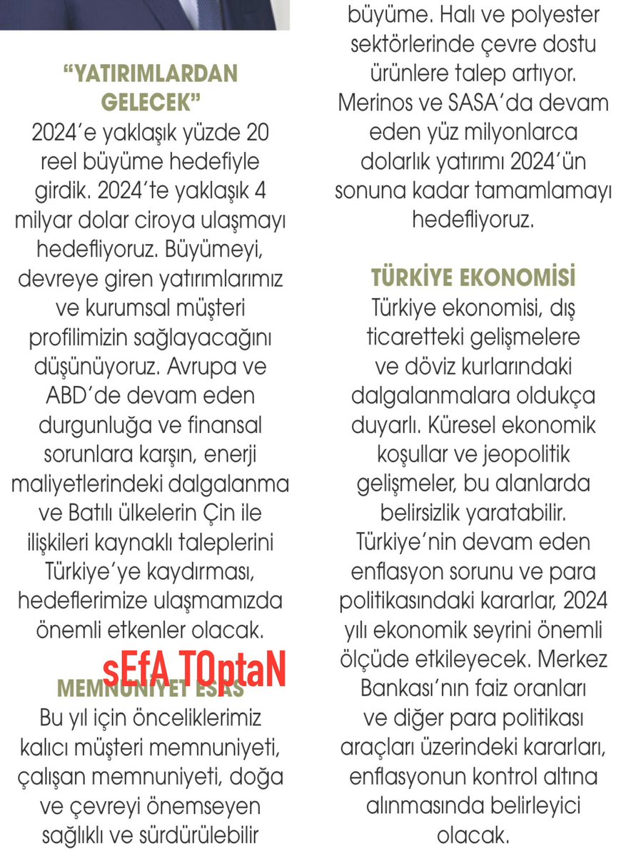 📊 #SASA (Capital)👇 📍İBRAHİM ERDEMOĞLU ERDEMOĞLU HOLDİNG YKB: “2024’TE HEDEF YÜZDE 20 REEL BÜYÜME” • 2024’e yaklaşık yüzde 20 reel büyüme hedefiyle girdik. • 2024’te yaklaşık 4 milyar dolar ciroya ulaşmayı hedefliyoruz. • Merinos ve SASA’da devam eden yüz milyonlarca