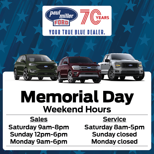 See us this weekend for #MemorialDayDeals including 2.9% financing for up to 72 months on your favorite SUVs! We will be open Sunday and Monday to better serve you too.
Shop our full inventory at paulmillerford.com
#lexky #lextoday #fordescape #fordedge #fordexpedition
