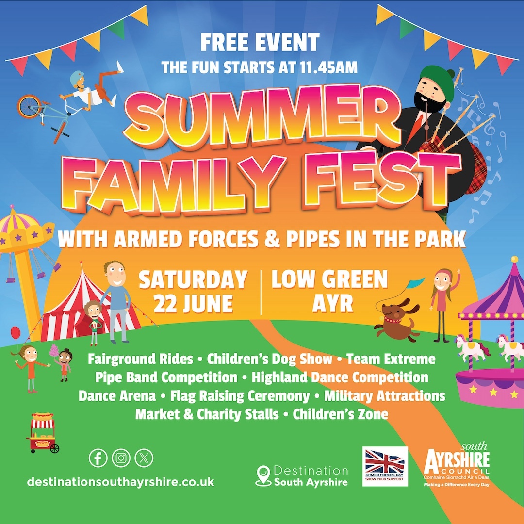 Save the date for Summer Family Fest 🎉⭐ The free event will start at 11.45am with the official Flag Raising ceremony, followed by an afternoon full of exciting and engaging activities and attractions. Find out more in our press release ➡️ south-ayrshire.gov.uk/article/61484/…