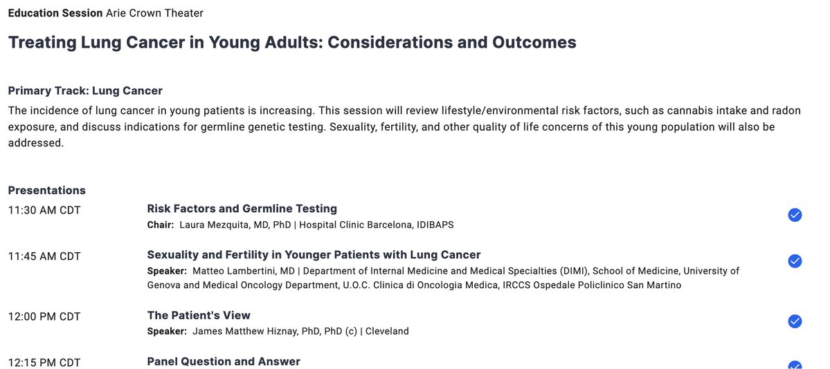 #ASCO24 - While we peruse abstracts, take the time to bookmark education sessions: 🔖 'Treating Lung Cancer in Young Adults: Considerations and Outcomes' 📍Jun 3, Arie Crown, 1130 CDT @LauraMezquitaMD @matteolambe @ASCO #LCSM