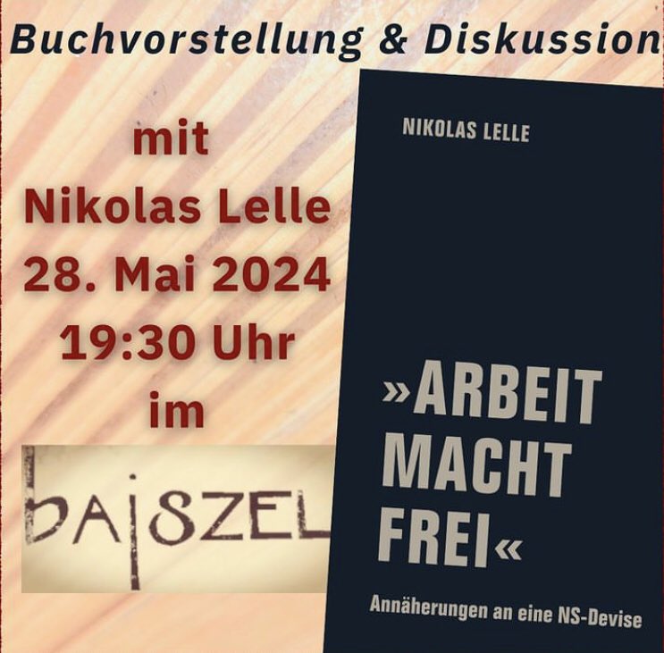 Am Dienst im Bajszel, Berlin: @nikolaslelle spricht über sein Buch „Arbeit macht frei‘ – Annäherungen an eine NS-Devise“./ Zum Buch: verbrecherverlag.de/shop/unsere-ar… #verbrecherei #verbrecherverlag #nikolaslelle