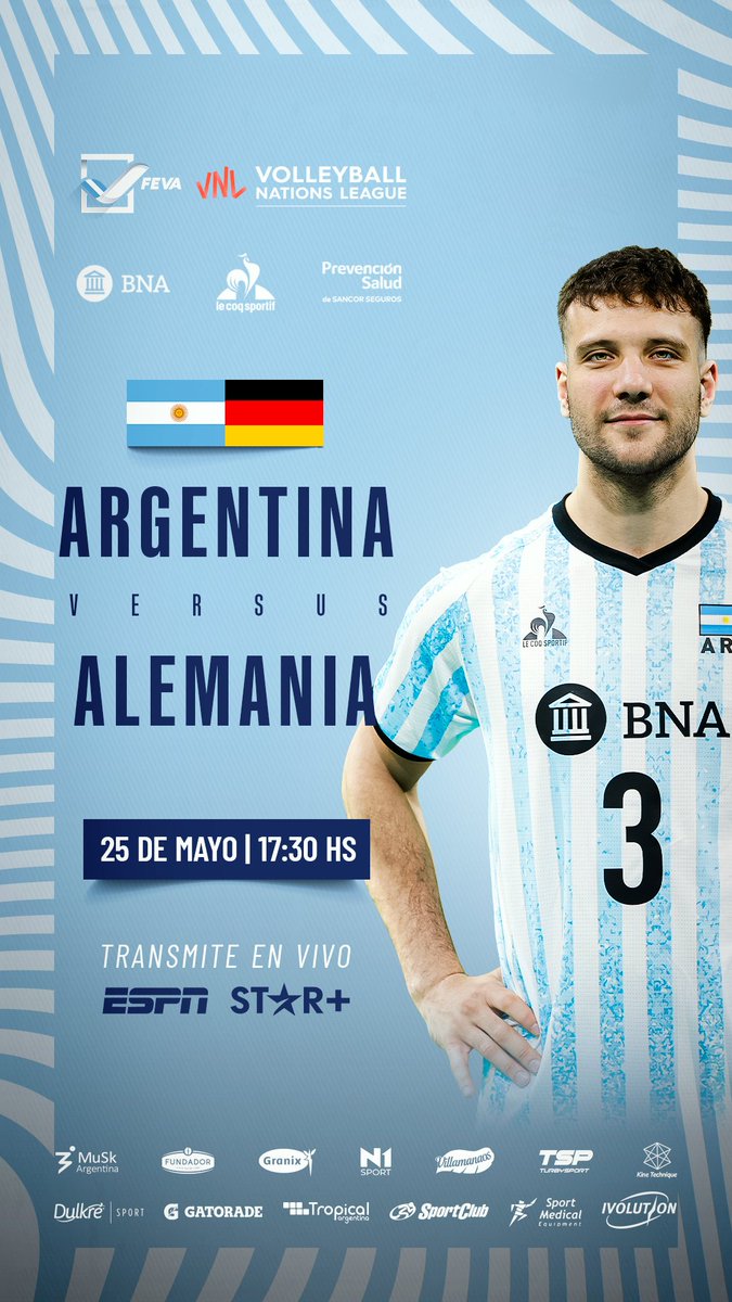 #VNL Tercera presentación en el Week 1 con un duelo clave en Río 

ARG 🇦🇷 vs GER 🇩🇪
🕐 17:30 horas
📍Río de Janeiro
📺 ESPN

¡#VamosArgentina 🇦🇷!