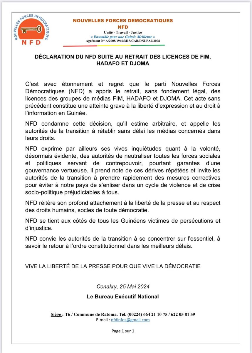 NFD_Officiel's tweet photo. DÉCLARATION DU PARTI NFD SUITE AU RETRAIT DES LICENCES DE FIM , HADAFO ET DJOMA 👇 https://t.co/7iRFZPs42u