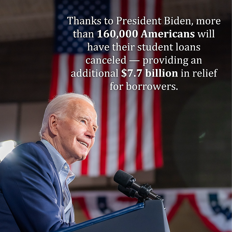 While Republicans push a MAGAnomics agenda, President Biden delivers an additional $7.7B in student debt relief to 160,000 more borrowers, improving the lives of middle-class Americans and communities of color. #BidenHarris4More