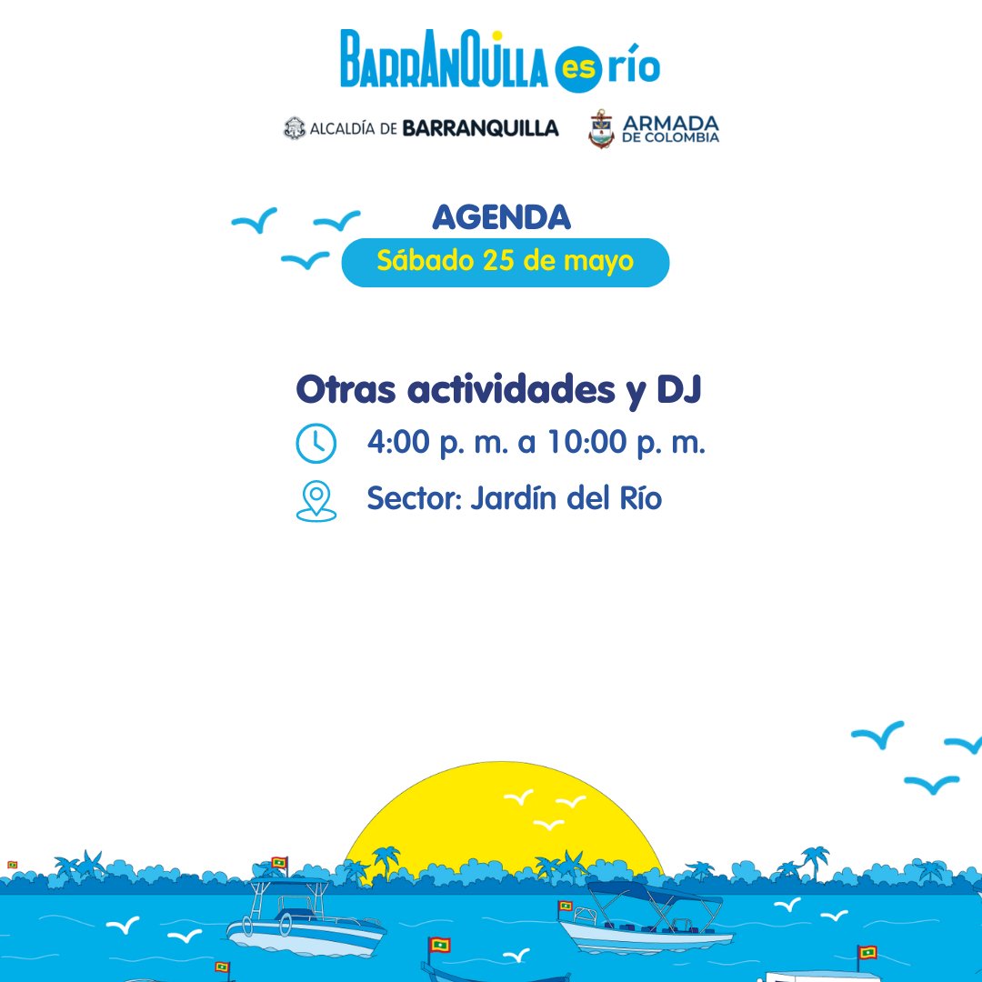 alcaldiabquilla's tweet photo. ¡Hoy todos los caminos conducen a #BarranquillaEsRío!🛥️☀️

Vamos a sumergirnos una vez más en la belleza del río Magdalena disfrutando de nuestro turismo fluvial junto a la @ArmadaColombia. Además, tendremos rumbaterapia, feria de emprendedores y mucho más.🙌🏼 https://t.co/tY5EXIZaN2