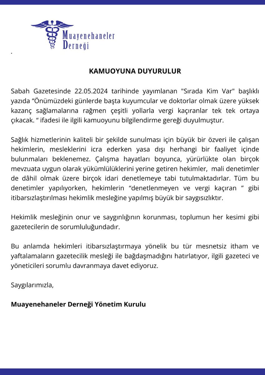 Muayenehaneler derneğinin ( <a href="/MuayenehanelerD/">Muayenehaneler Derneği</a> ) hekimlerin itibarsızlaştırılmalarına yönelik  gazetecilik faaliyeti ile ilgili açıklaması. 

<a href="/dilekgungor_/">Dilek Güngör</a>
<a href="/sabah/">Sabah</a>