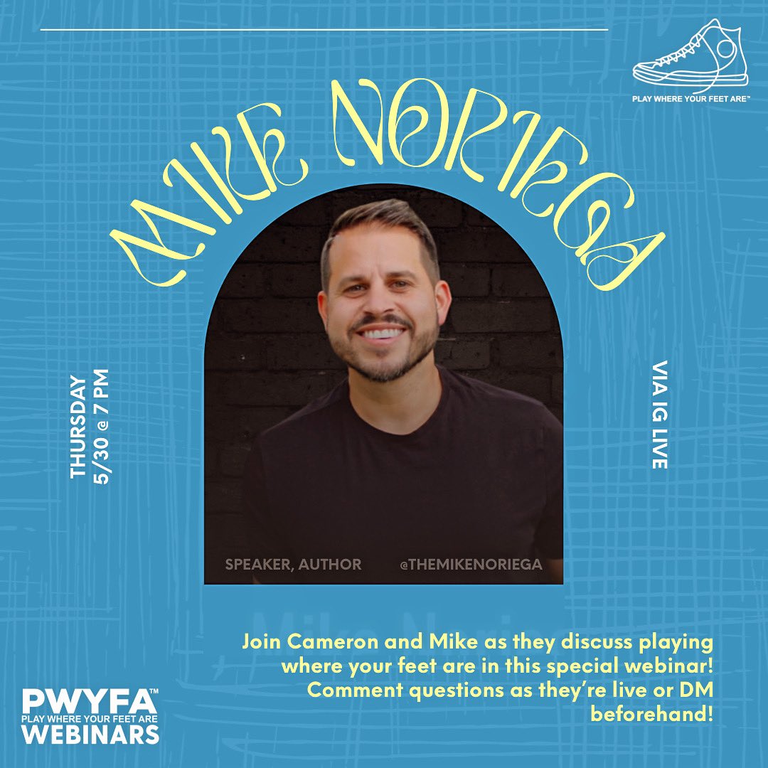 Thursday‼️Join founder <a href="/CameronDobbs/">Cameron Dobbs</a> and author/speaker Mike Noriega on IG Live to discuss *playing where your feet are* in a special PWYFA Play Where Your Feet Are Webinar! 👏

DON’T MISS OUT 🗓️ 

#pwyfaplaywhereyourfeetare