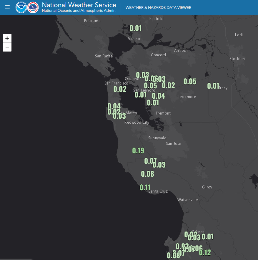 🎤Hello Bay Area! Welcome to drizzle-fest! Deep marine layer, onshore flow, and orographic enhancement led to a widespread drizzle/light rain overnight and early this morning. Here's a look at 12 hour precip totals. #cawx